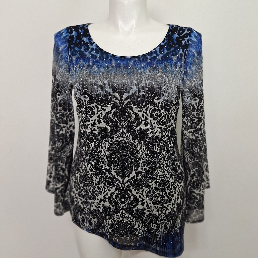 Alfani Women’s Blue and Black Sequin Damask Print Long Sleeve Blouse Size L
